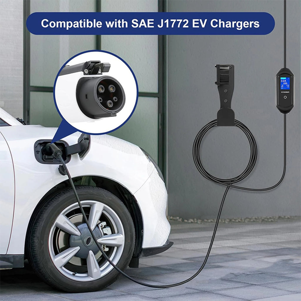 Wall-mounted EV charger holder organizing a J1772 charging gun beside a parked EV