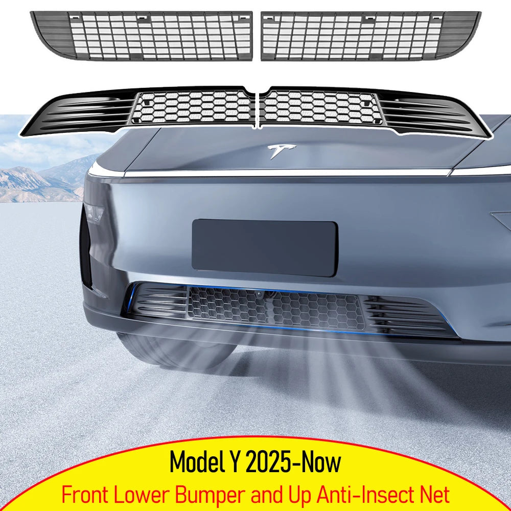 Tesla Model Y Juniper front bumper fitted with mesh air-inlet insect net