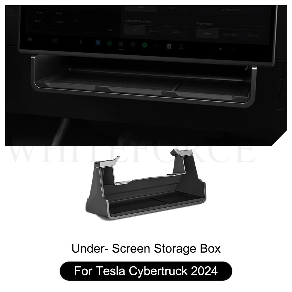 Under-screen storage box organizer fitted in a Tesla Cybertruck