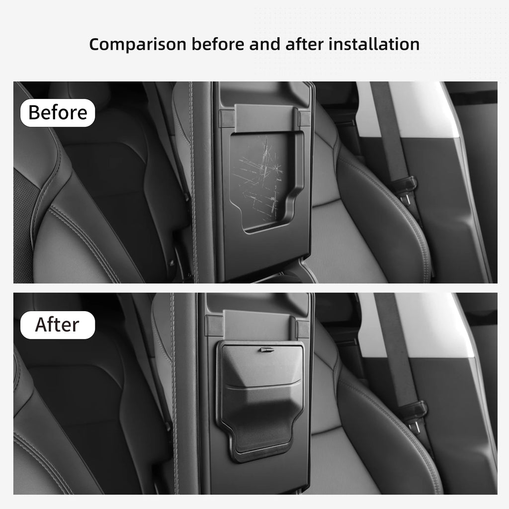 Before and after comparison of Tesla armrest hidden storage box