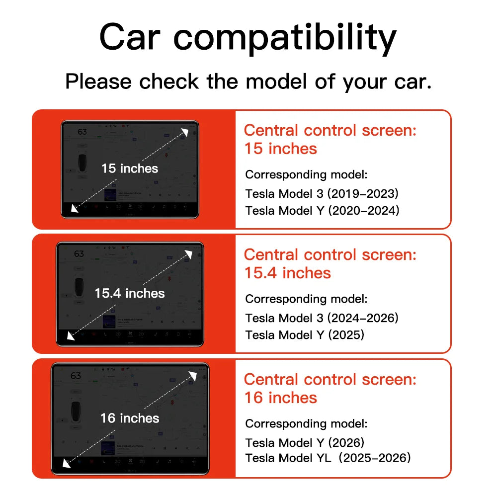 Tesla screen protector compatibility chart by screen size and Model 3, Y and YL year