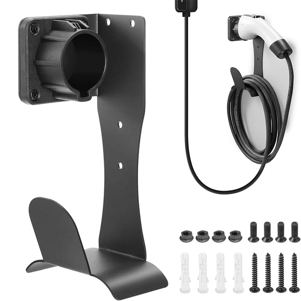 EV charger cable holder shown with J1772 connector and screws