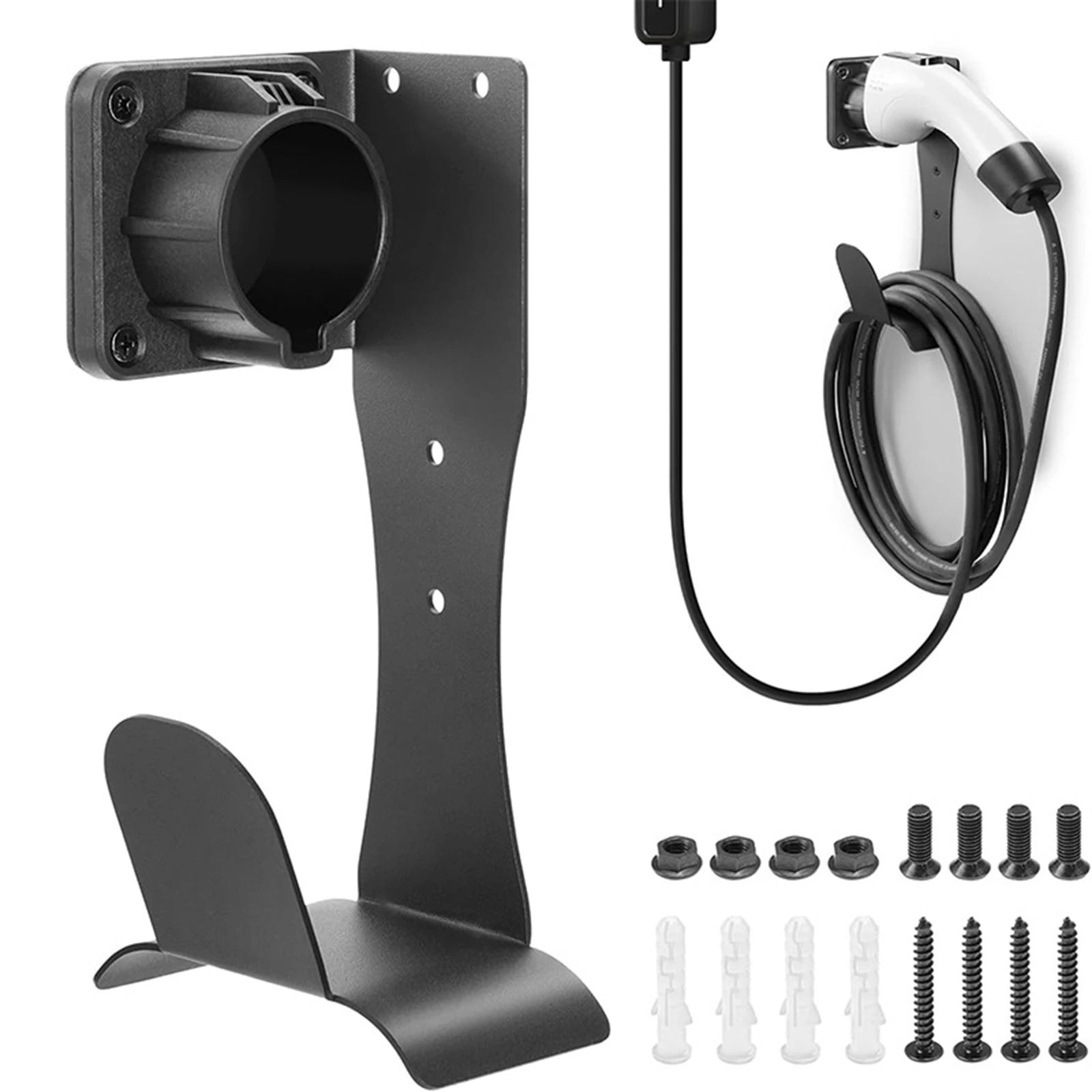 EV charger cable holder shown with J1772 connector and screws