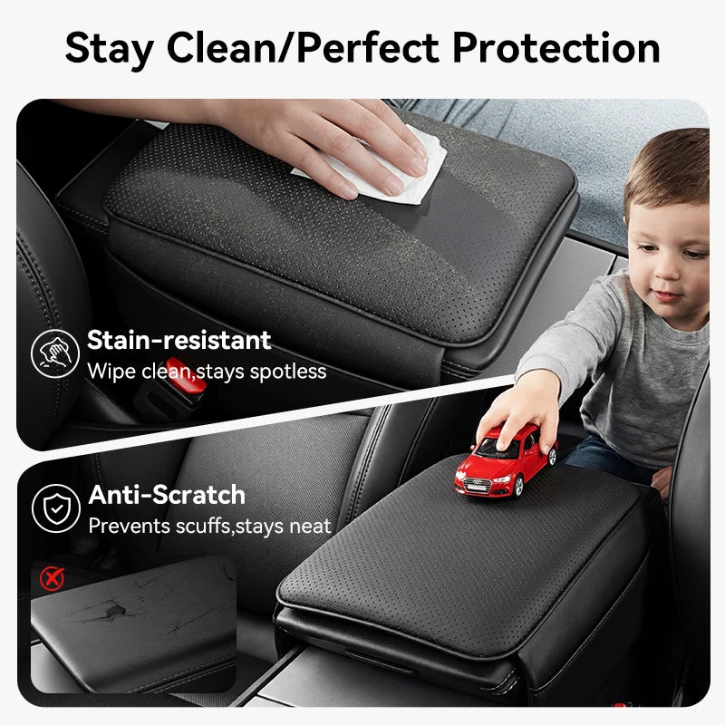 Stain-resistant and anti-scratch Tesla armrest cover being wiped clean