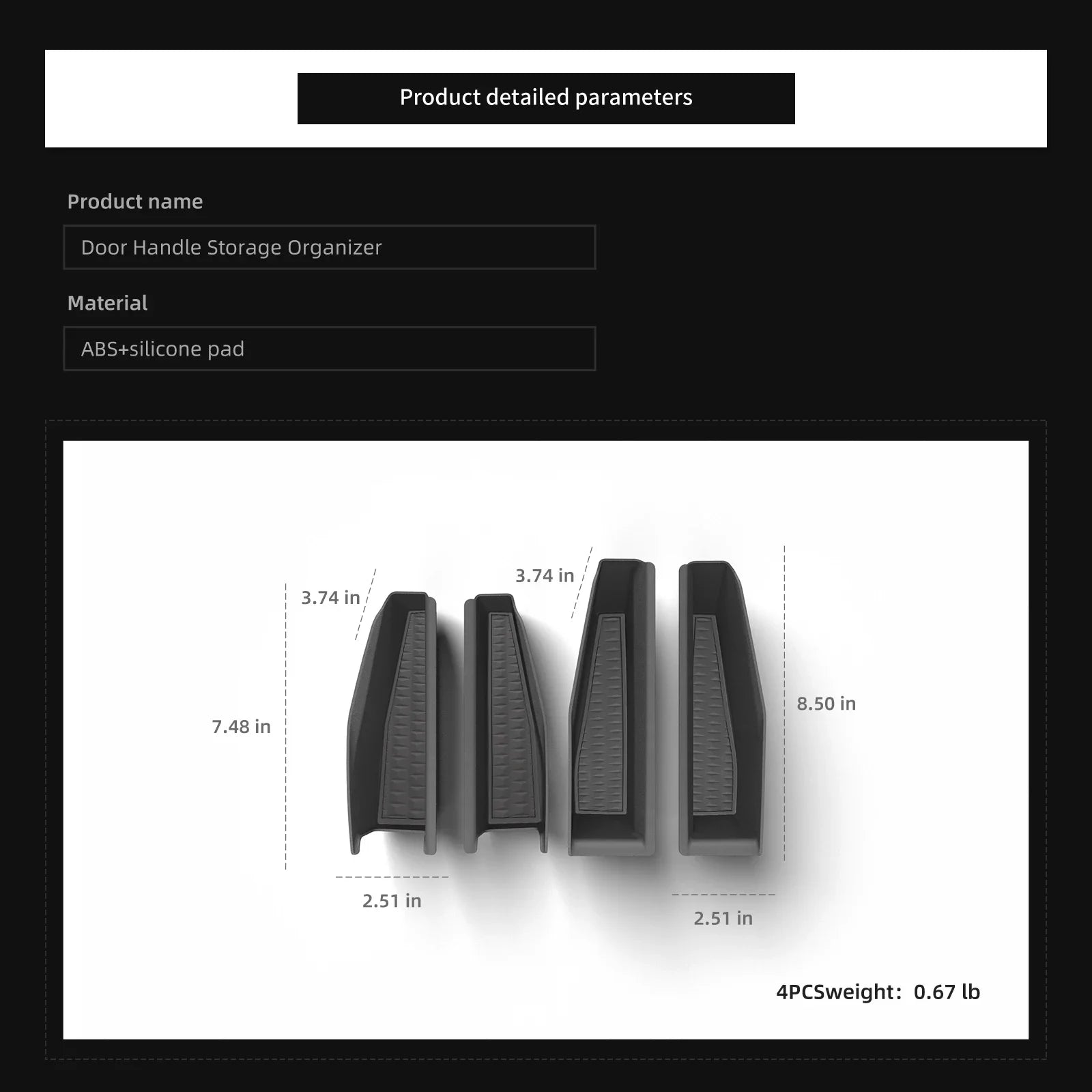 Tesla Cybertruck door handle storage box dimensions and ABS silicone spec