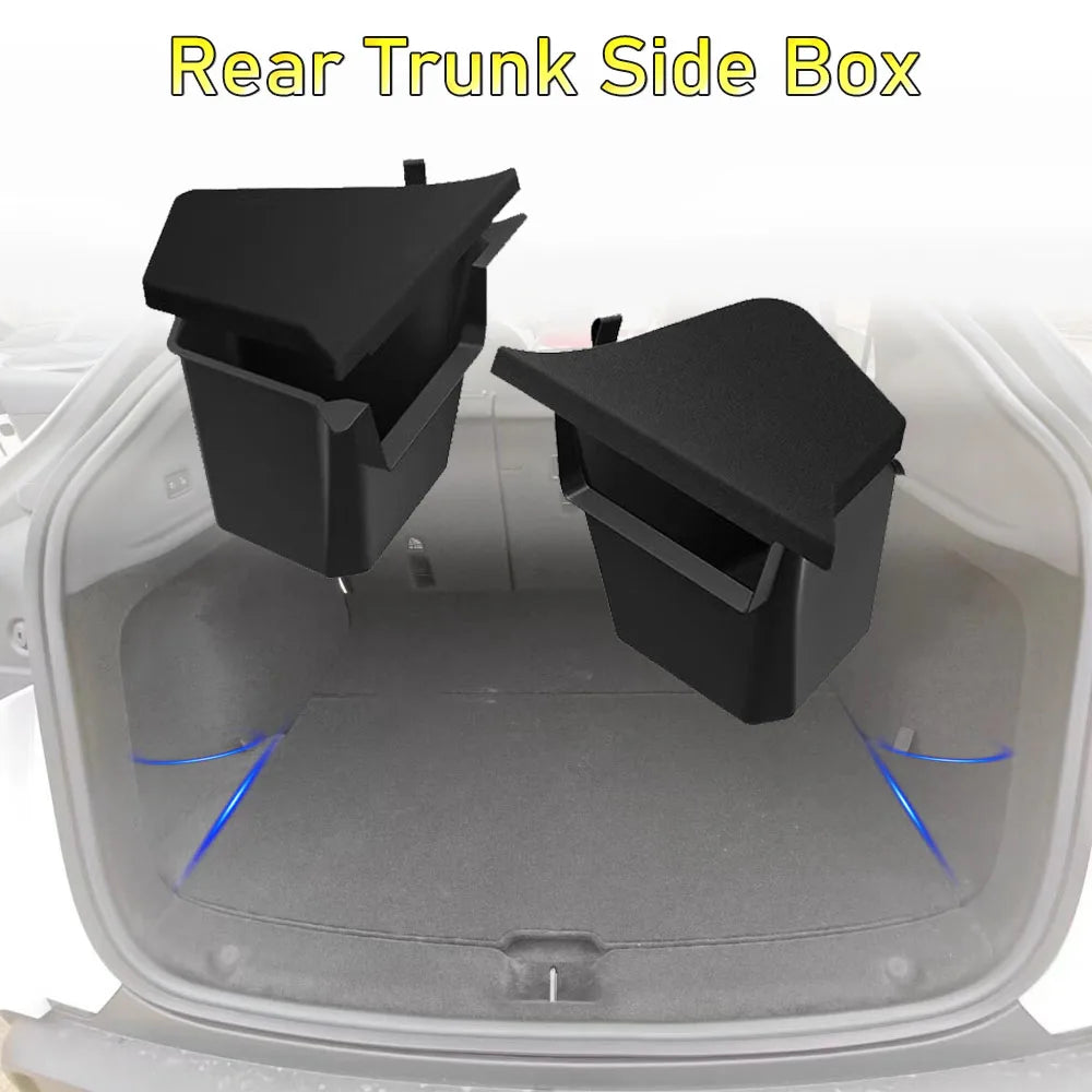 Trunk side storage boxes installed in Tesla Model Y cargo area