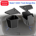 Tesla Model Y Juniper trunk side storage bins installed with lids open