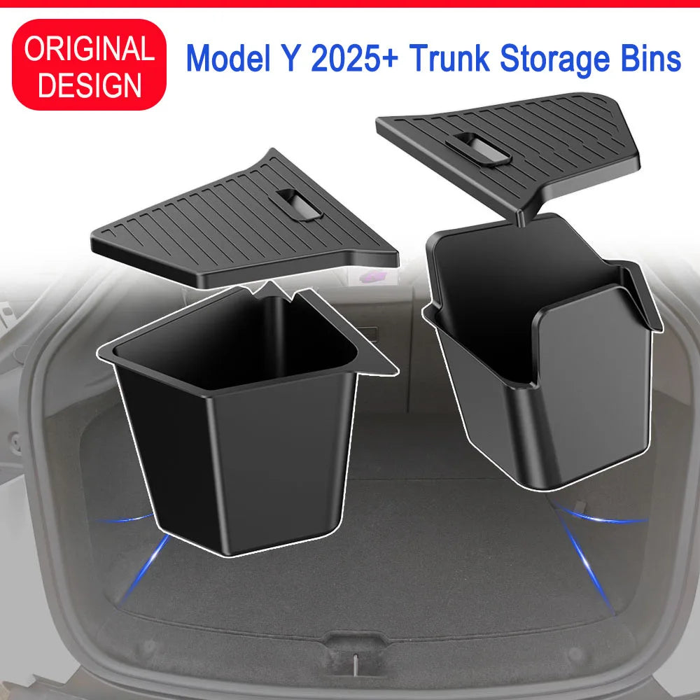 Tesla Model Y Juniper trunk side storage bins installed with lids open