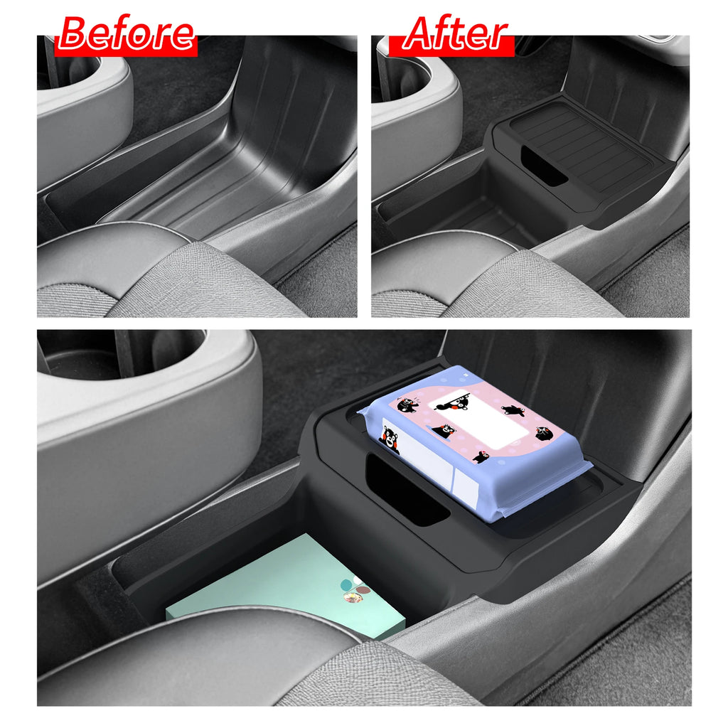Before and after of Tesla Model Y Juniper console well organized with storage tray
