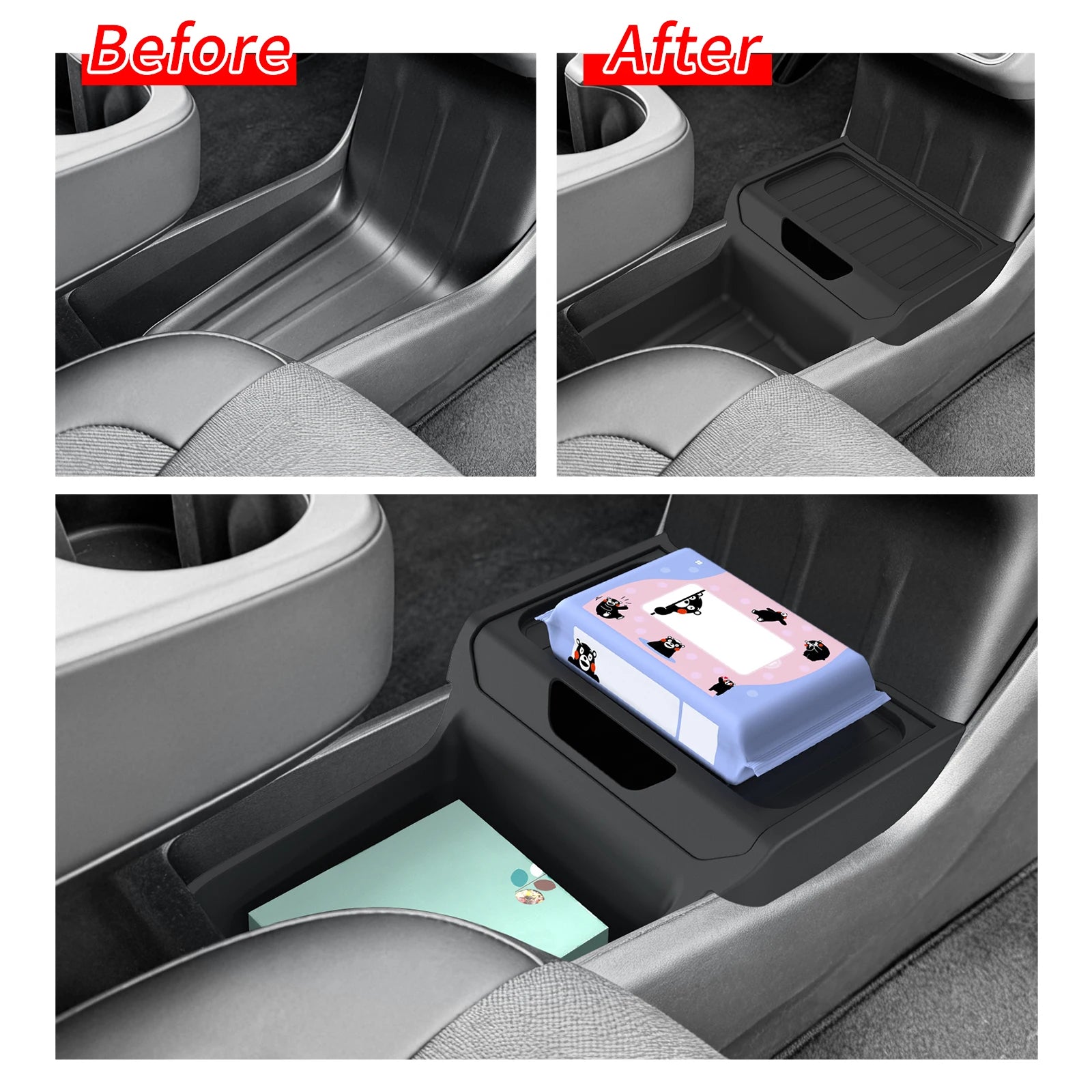 Before and after of Tesla Model Y Juniper console well organized with storage tray