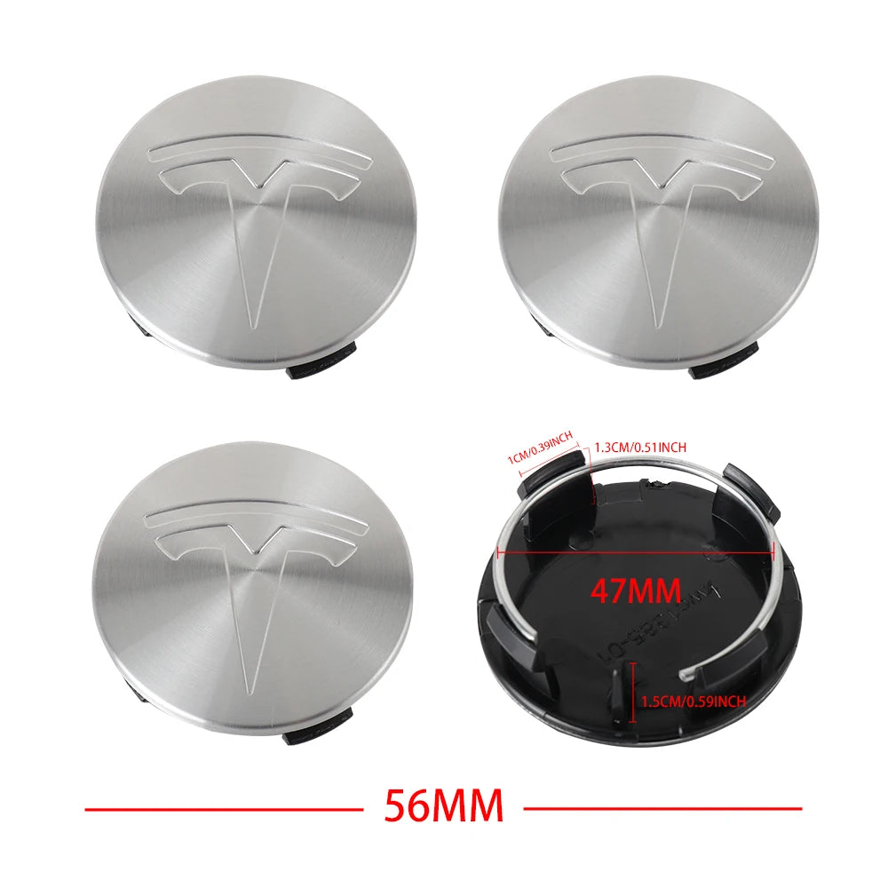 Silver Tesla wheel center caps with 56mm dimension diagram