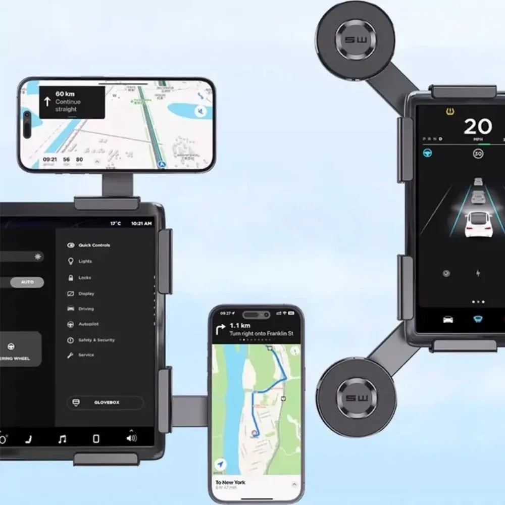 Tesla phone holder mounted with phone showing navigation map