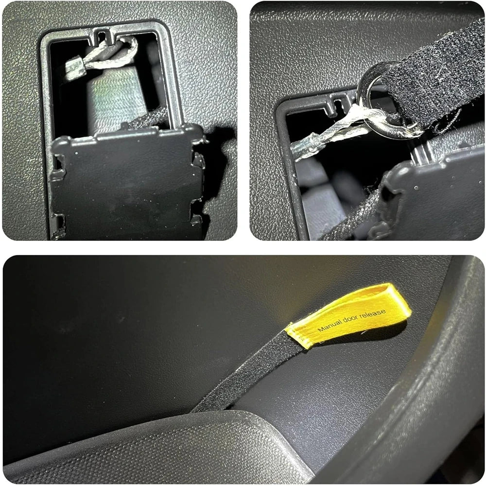 Close-up of Tesla rear door emergency pull strap connected to factory emergency switch