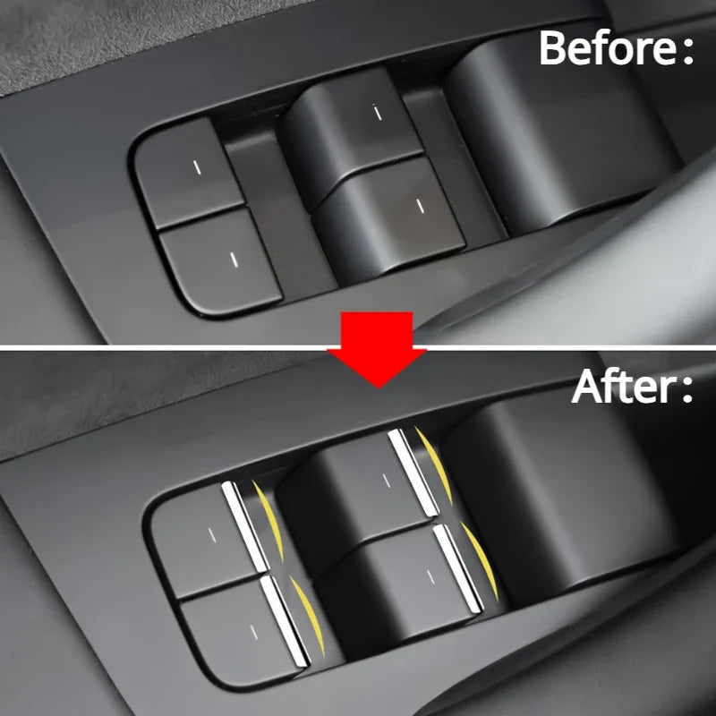 Tesla window switch panel before and after chrome trim installation