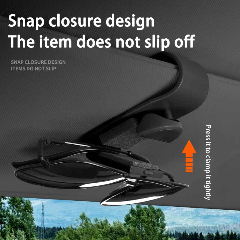 Snap closure design of the Tesla visor sunglasses clip