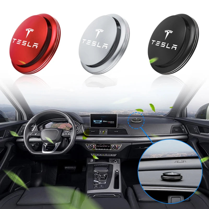 Tesla alloy air freshener shown in red, silver, and black color options