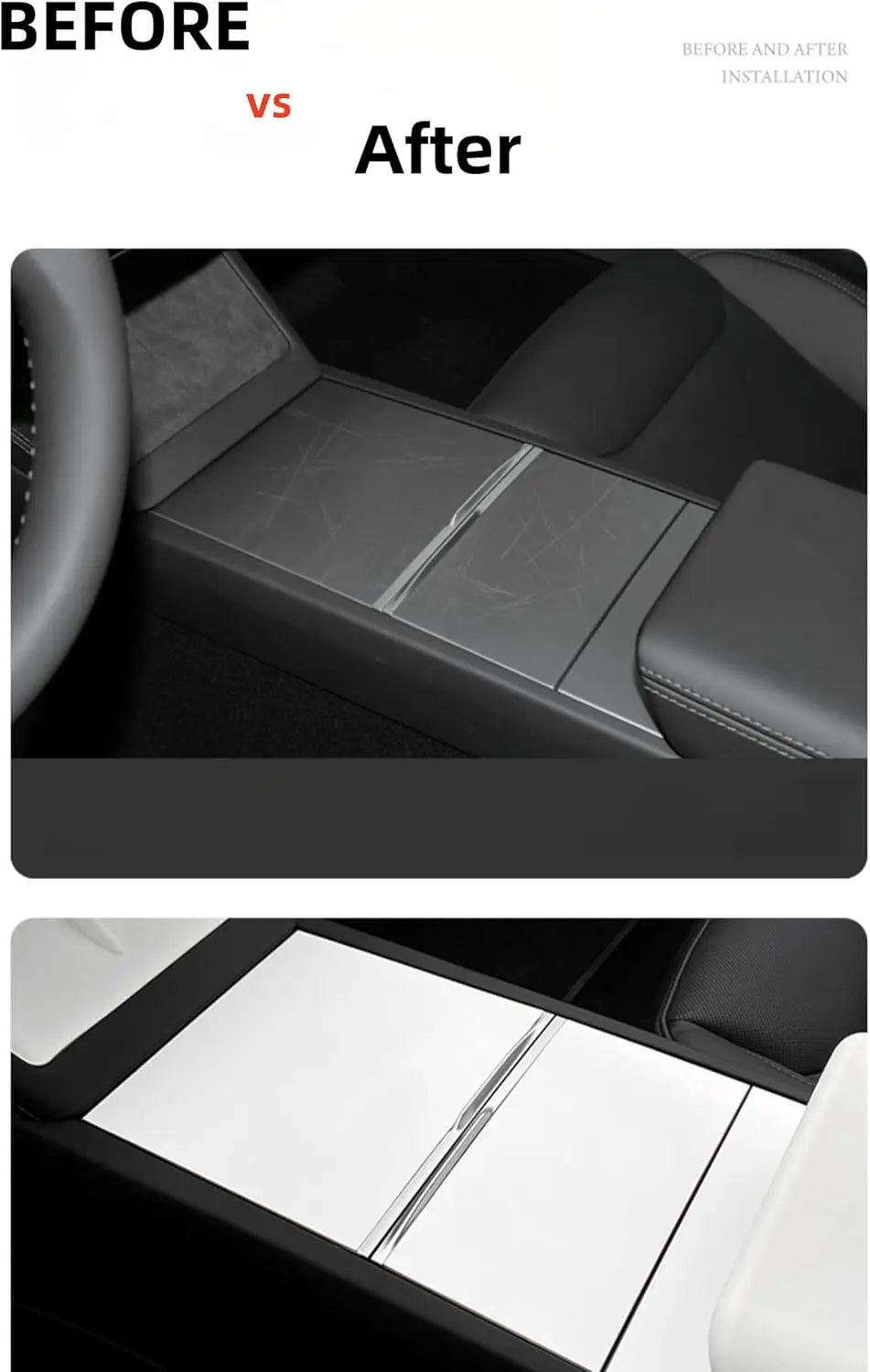 Tesla console before and after with clear protection film applied
