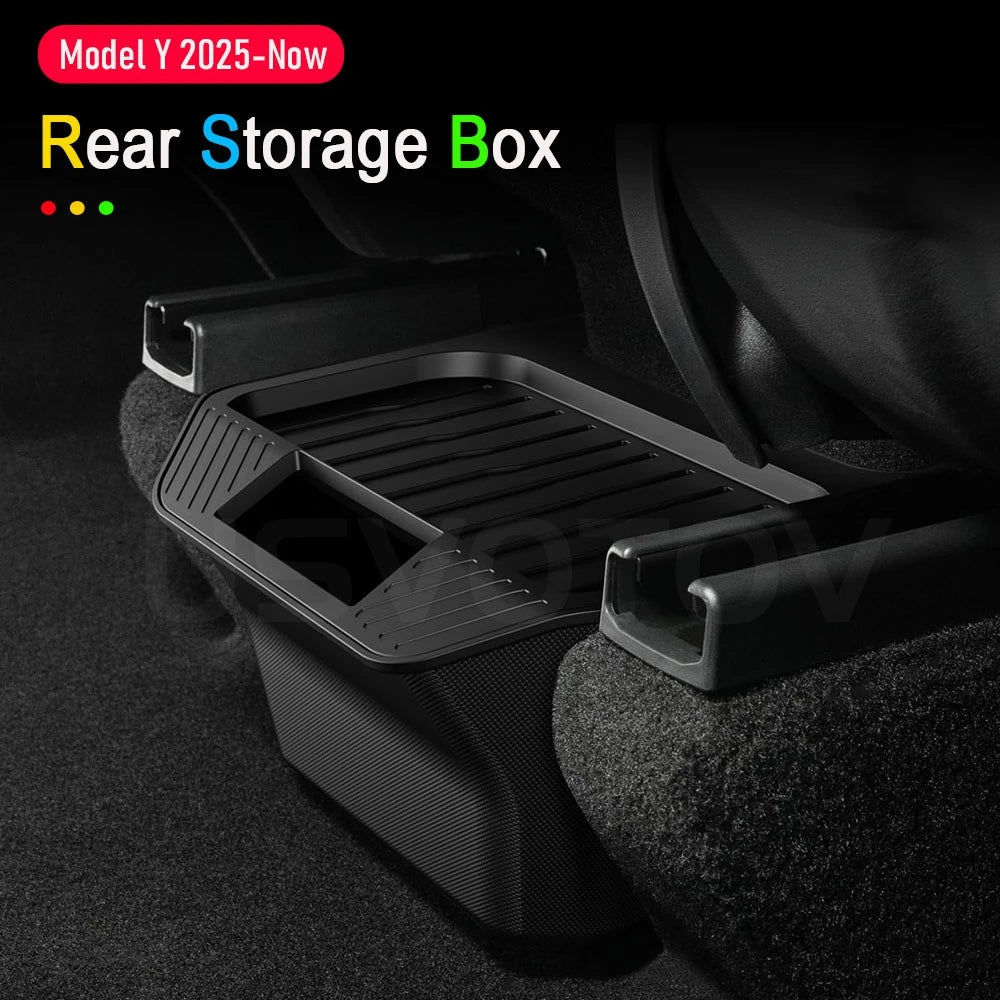 Tesla Model Y Juniper rear center console storage box with open lid