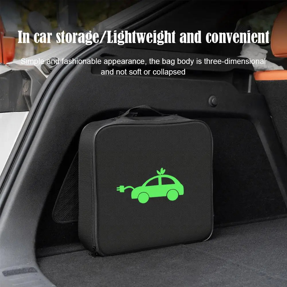 Square EV cable organizer bag stored upright in a car trunk