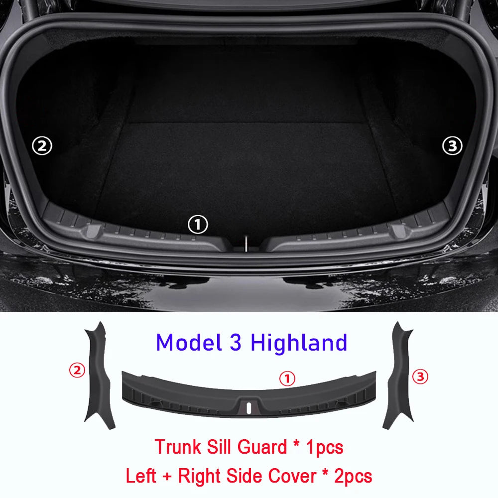 Tesla Model 3 Highland trunk sill guard layout with left and right side covers