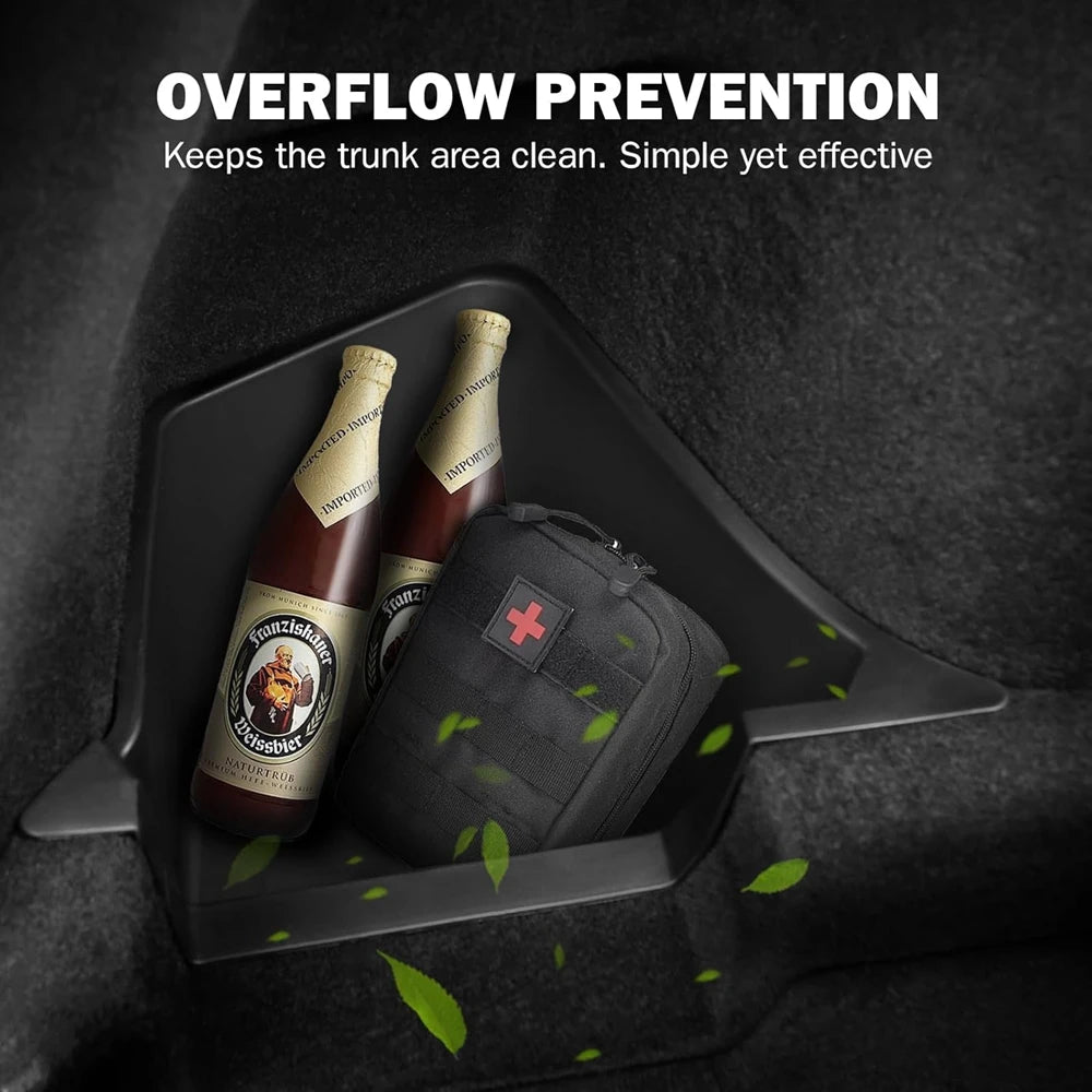 Trunk side box holding bottles to prevent items rolling in the trunk
