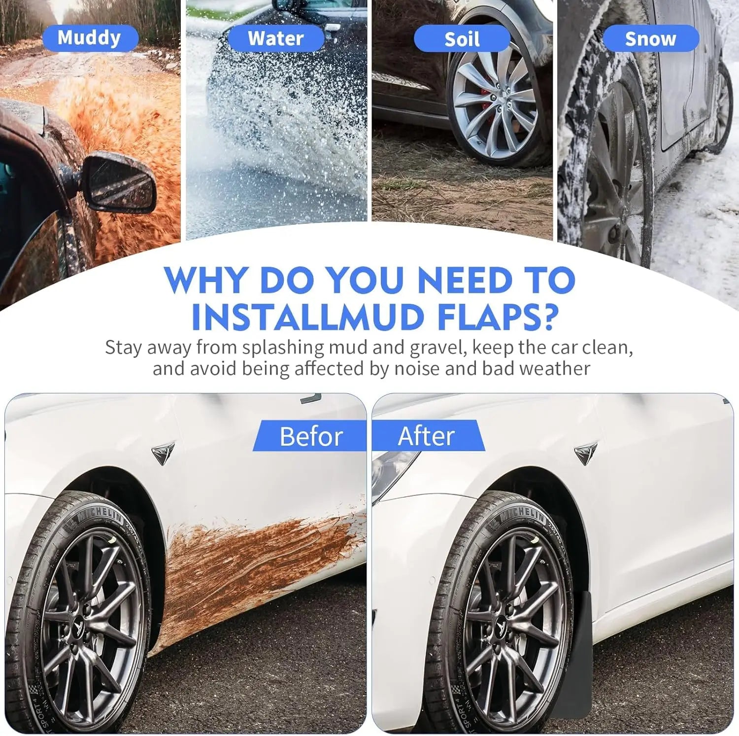 Tesla mud flaps blocking mud, water, soil and snow