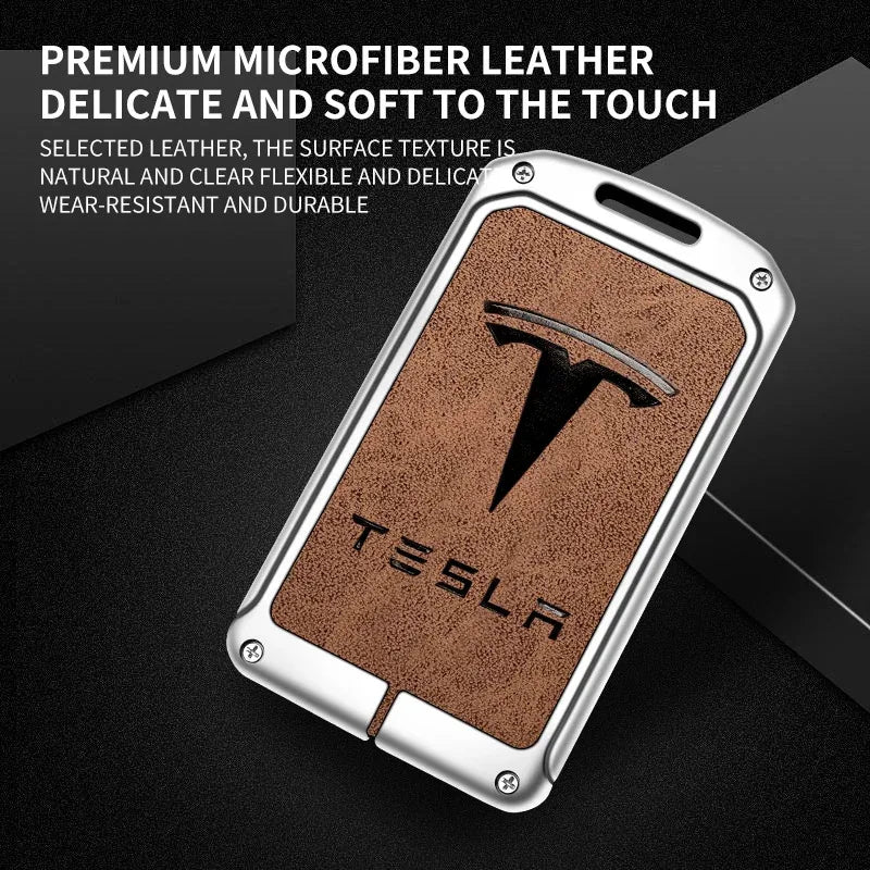 Close-up of microfiber leather texture on the Tesla key card holder