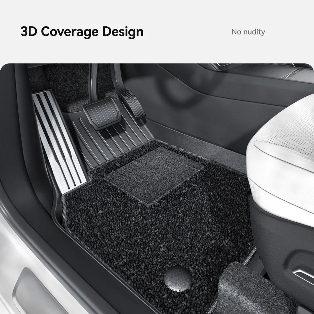 Tesla Model Y Juniper TPE floor mat showing 3D coverage and raised edges