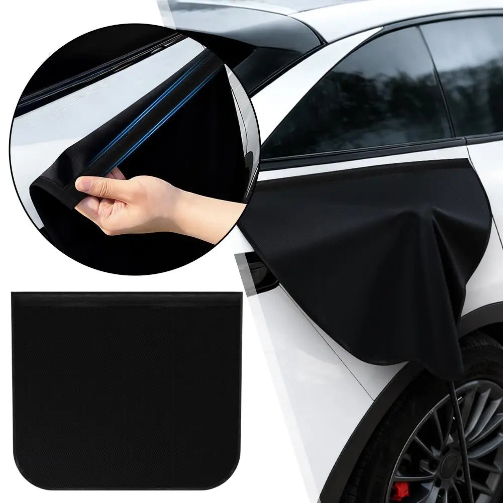 Hand lifting the waterproof Oxford cloth EV charge port cover to reveal the connector