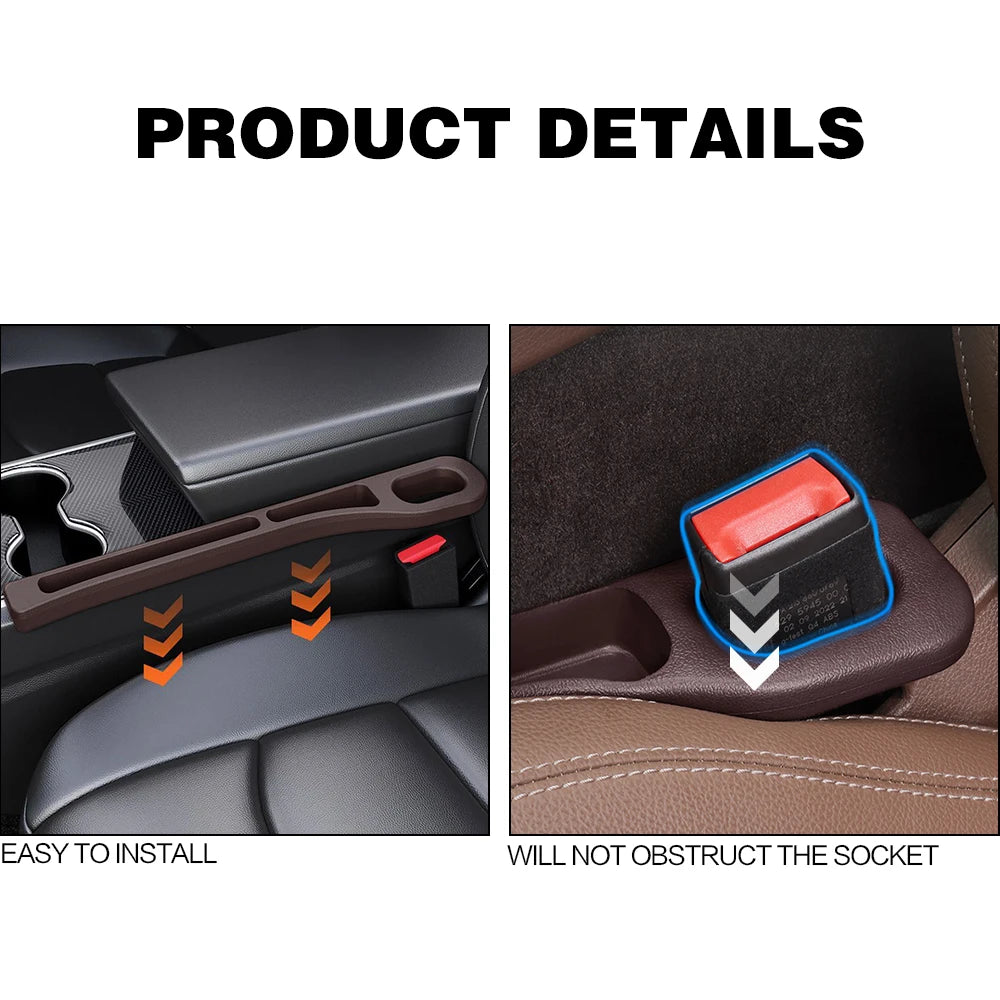 Seat gap filler details showing easy install and unobstructed buckle socket