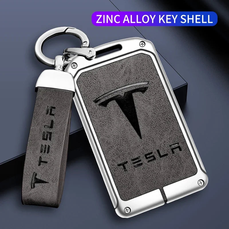 Grey Tesla zinc alloy key card holder with keyring
