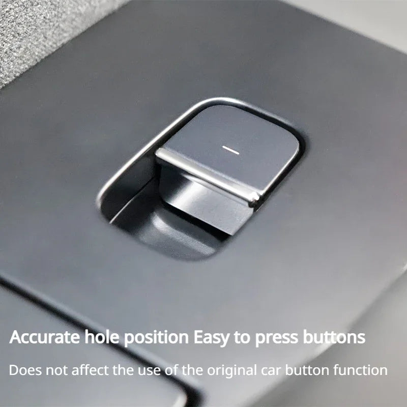 Close-up of Tesla chrome window switch trim with accurate button cutout