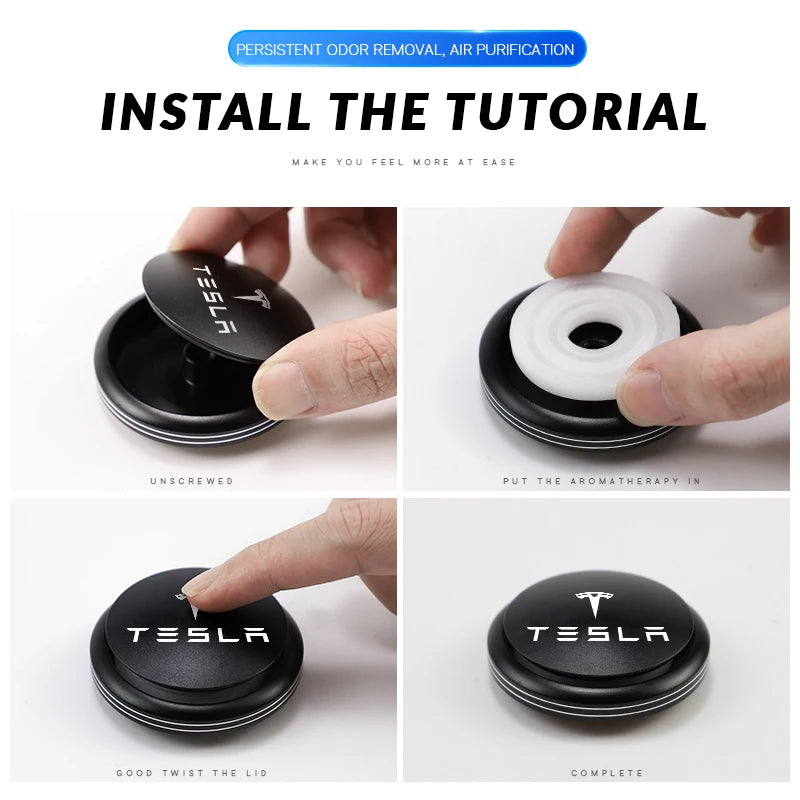 Tutorial showing how to twist open and refill the Tesla car air freshener