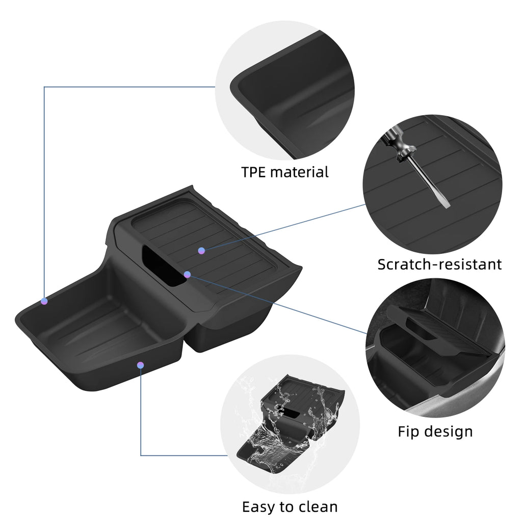Tesla Model Y console tray features: TPE material, scratch-resistant, flip design, easy to clean