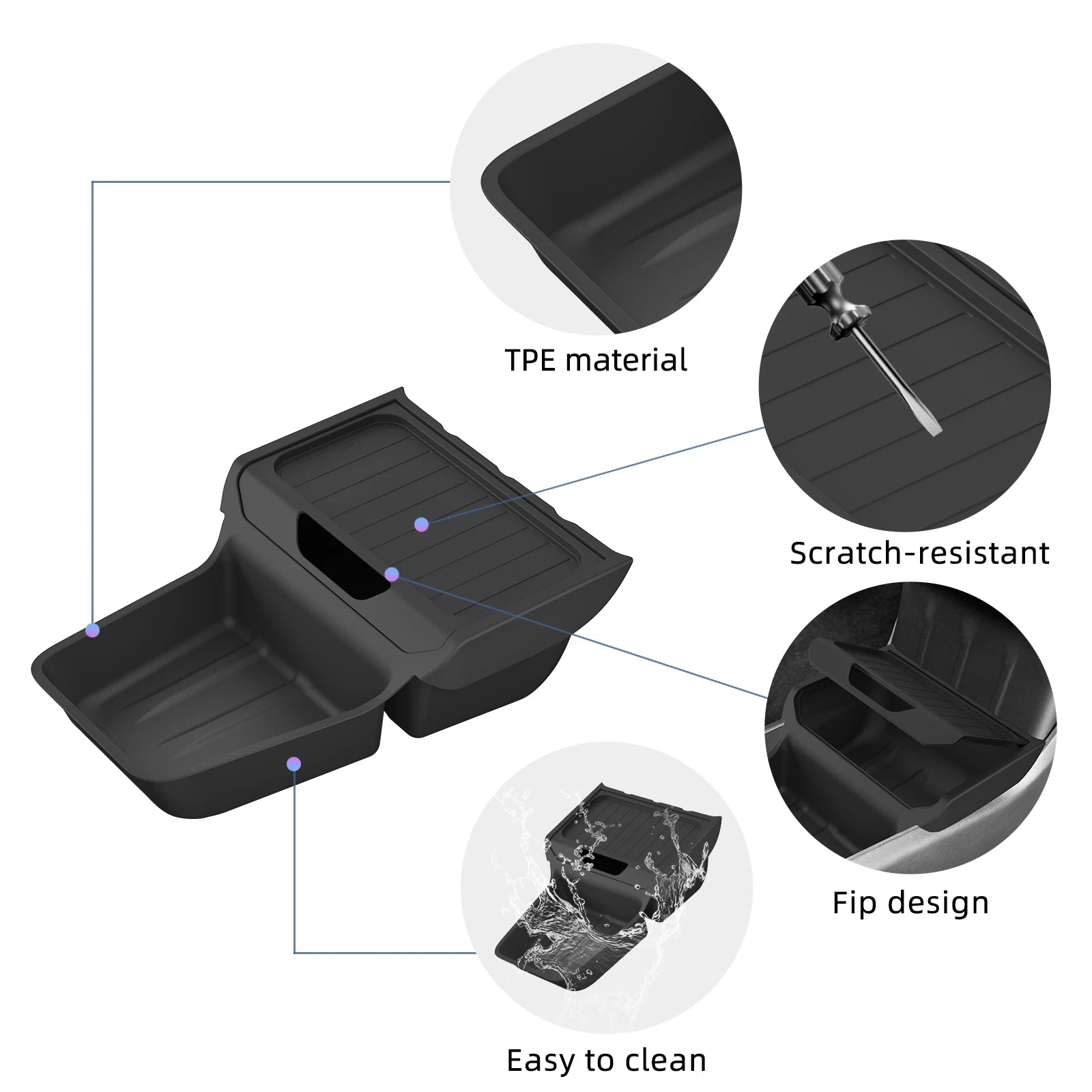 Tesla Model Y console tray features: TPE material, scratch-resistant, flip design, easy to clean