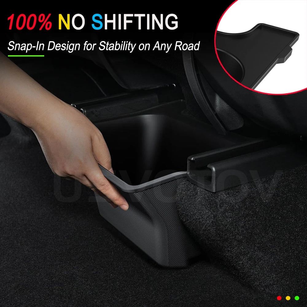 Snap-in rear storage box held securely in Tesla Model Y console