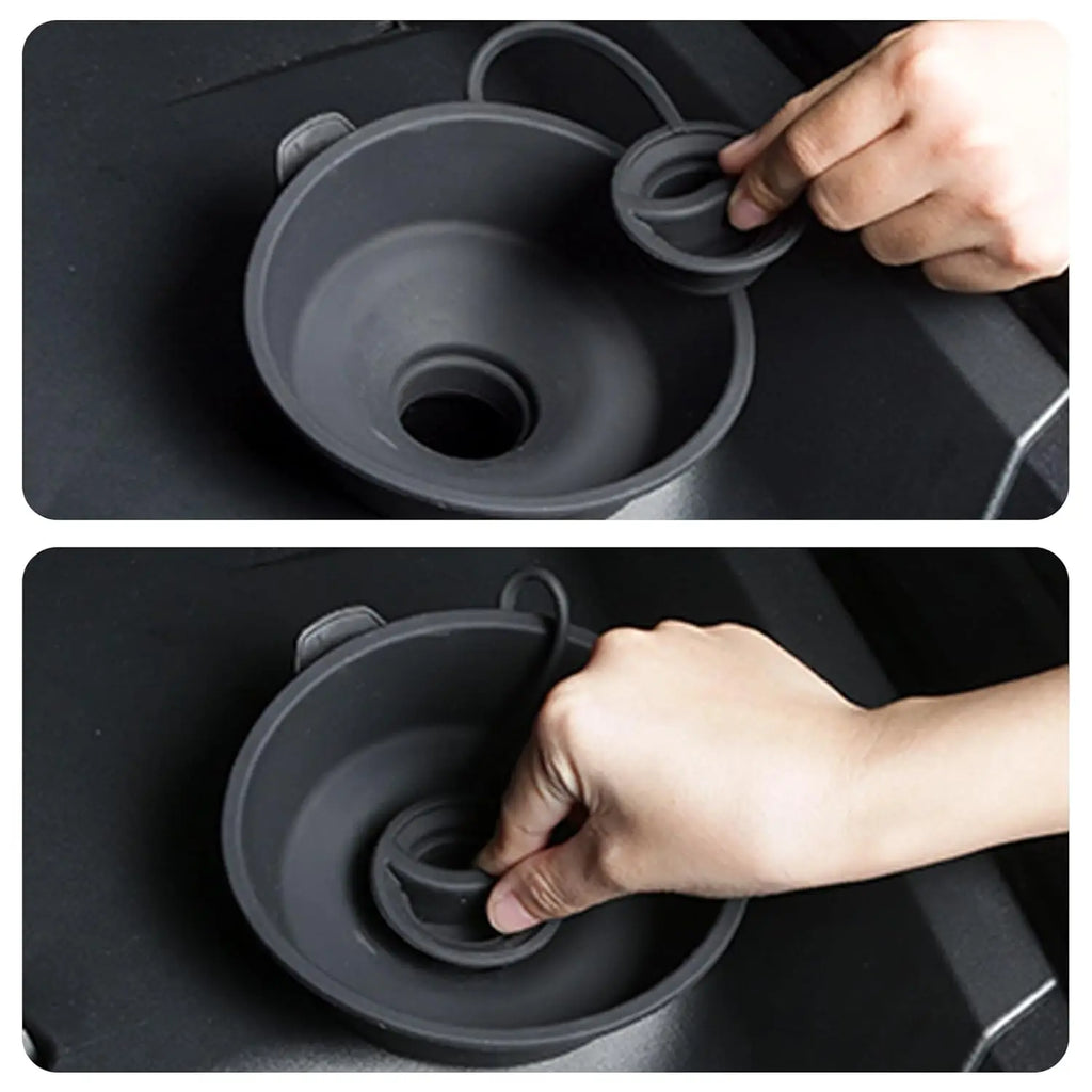 Hand fitting and removing the flexible silicone funnel from the filler port