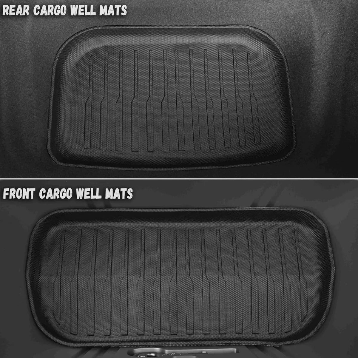 Tesla Model Y Juniper rear and front cargo well mats fitted in storage compartments