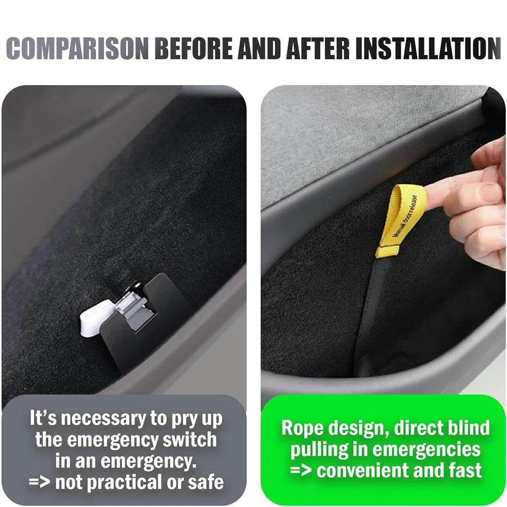 Before and after comparison of factory emergency switch versus pull strap on Tesla rear door