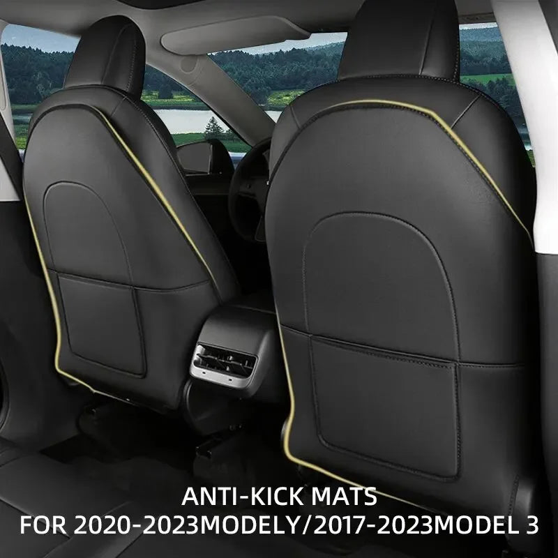 Tesla Model 3 and Model Y black leather seat back anti-kick mats installed