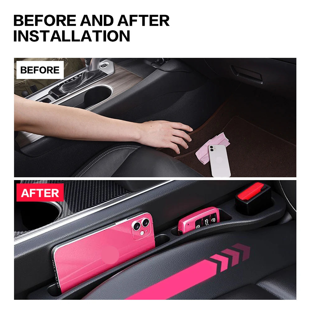 Before and after comparison showing seat gap filler closing the console gap