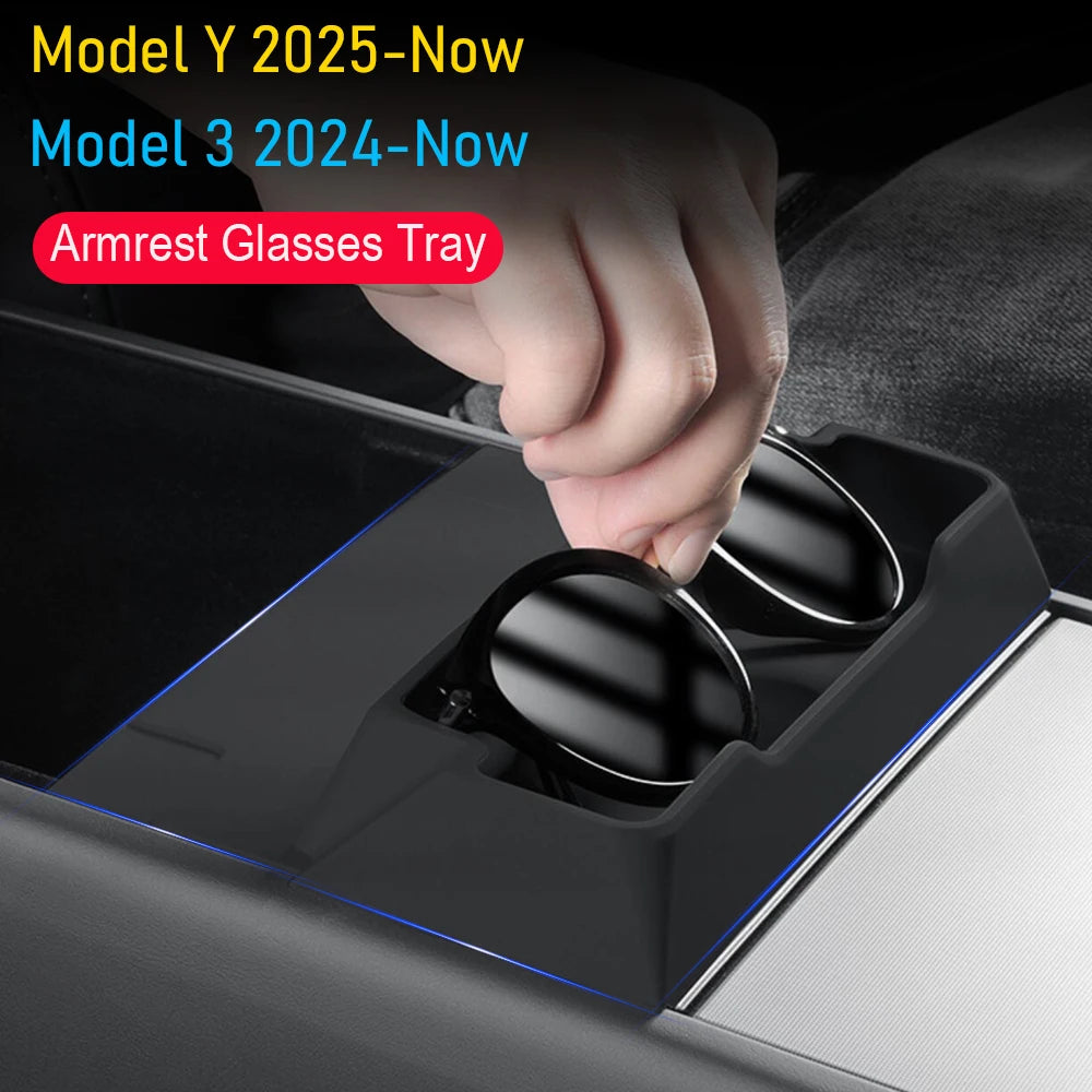 Tesla Model 3 and Y center console armrest glasses tray holding sunglasses