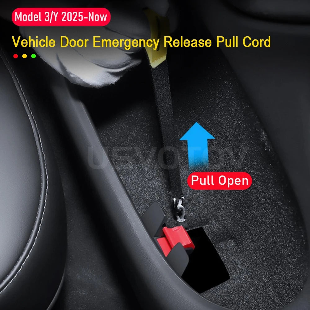 Tesla Model 3 Highland rear door emergency release pull cord installed near door pocket