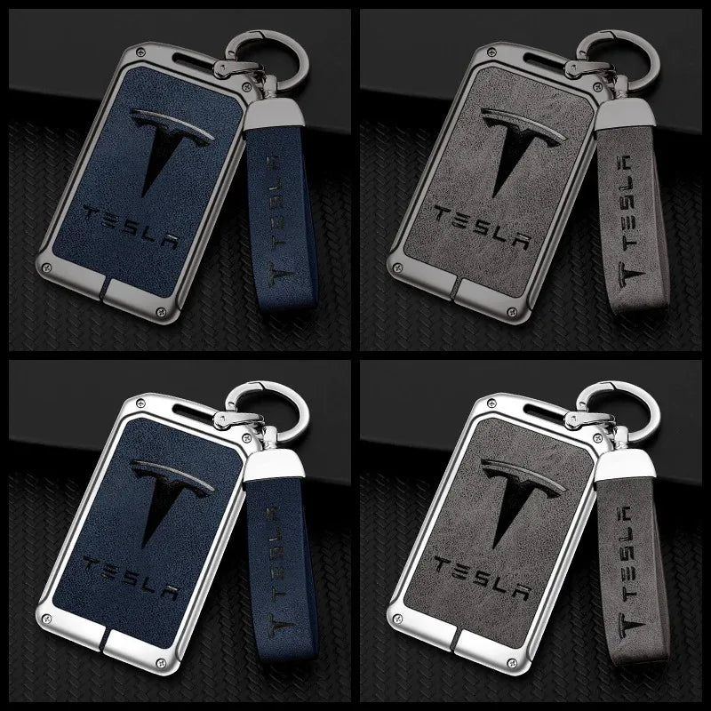Tesla key card holder shown in multiple leather colors