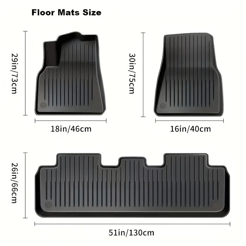Tesla Model Y Juniper floor mat size chart with front, rear, and cargo dimensions