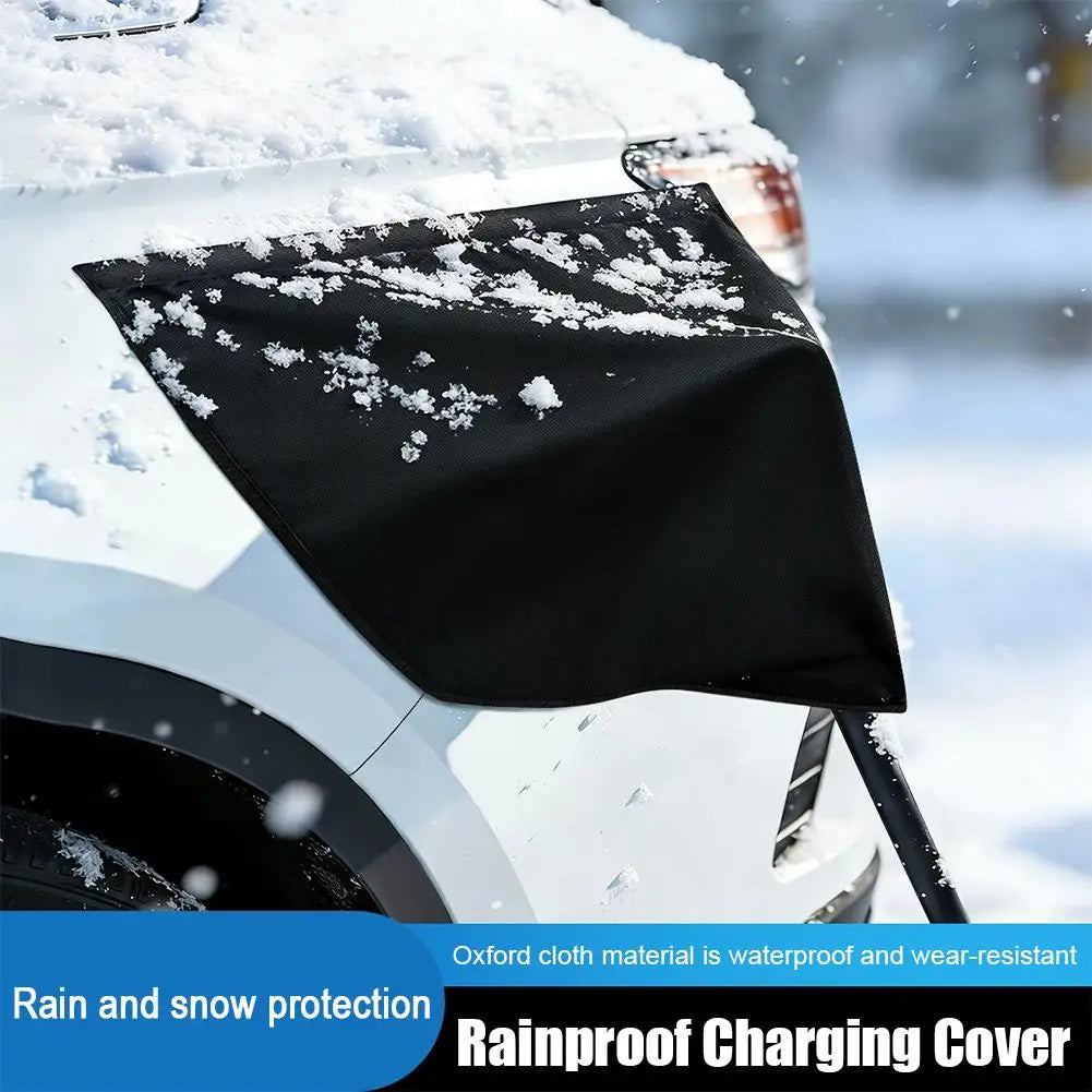 EV charge port cover protecting the connector from snow during winter charging