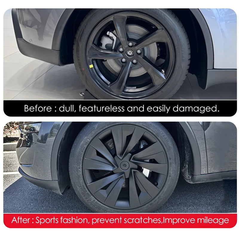 Before and after comparison of Tesla Model Y hub with performance wheel cover