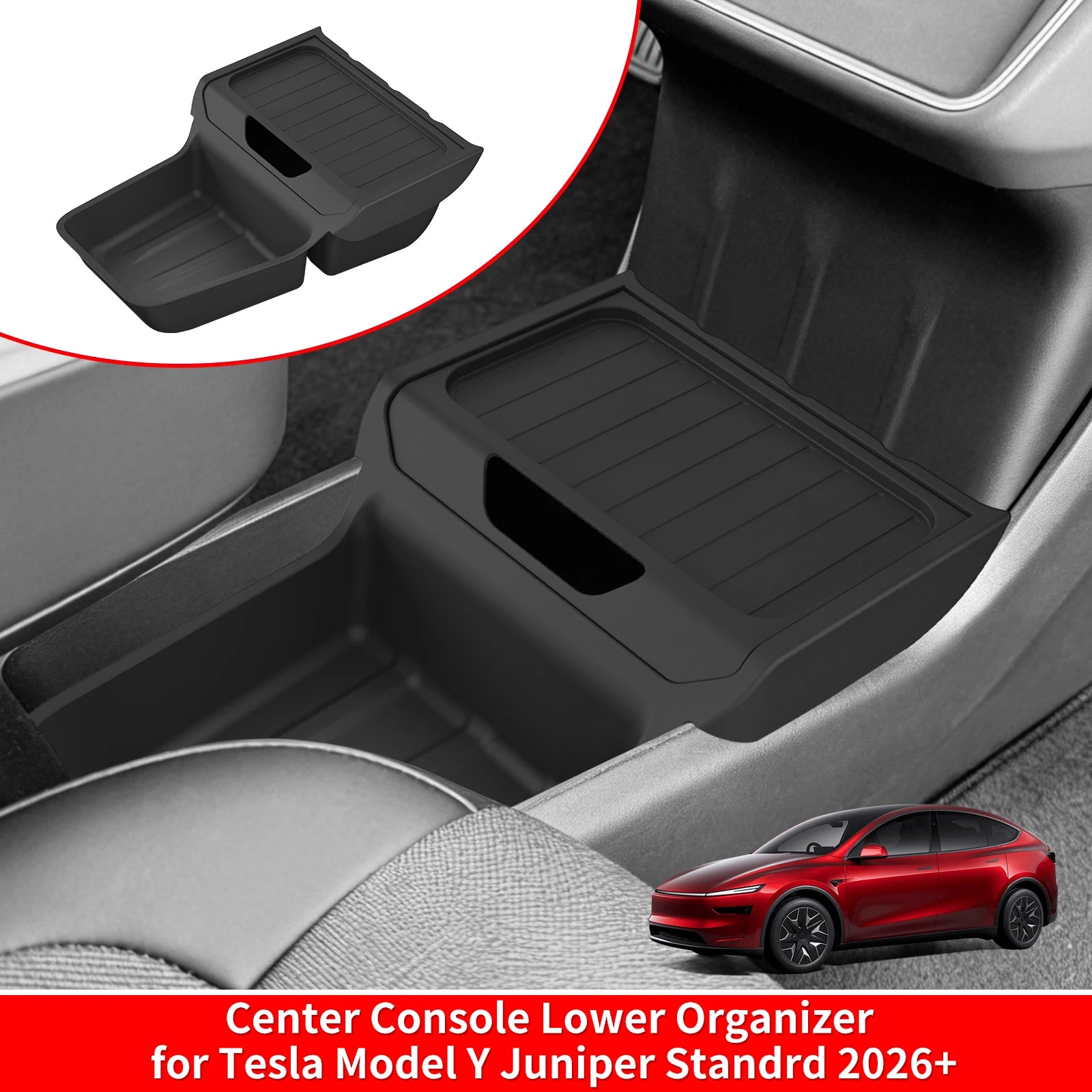 Tesla Model Y Juniper center console lower storage organizer tray with divided compartments
