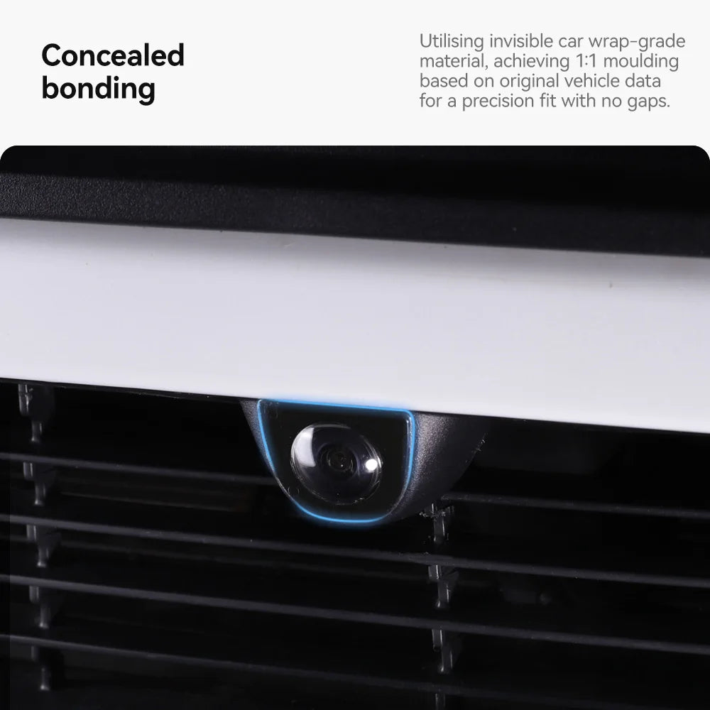 Concealed-bonding camera cover fitted under Tesla front grille camera