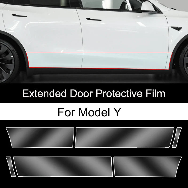 Tesla Model Y extended door protective TPU film applied along lower door panels